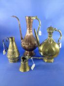 Collection of Persian Brass Items, comprising warming jug, large brass pot, large copper pot with