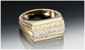 9ct Gold Diamond Ring, Set With Three Rows Of Round Cut Diamonds, Fully Hallmarked, Ring Size R.