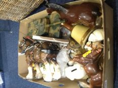 Box Of Miscellaneous Ceramics Including, Beswick style horses, Bells Whiskey decanter, money box