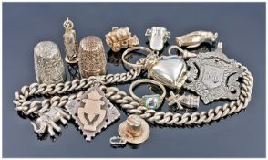 Small Collection Of Silver Jewellery, Comprising Albert Chain, Two Thimbles, Two Fobs, Two Rings