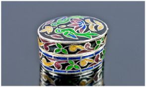 An Attractive Chinese Oval Sterling Silver and Cloisonne Enamel Box with pull off lid. Enamelled in