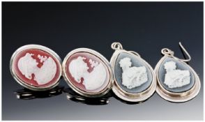 Two Pairs Of Silver Cameo Earrings.