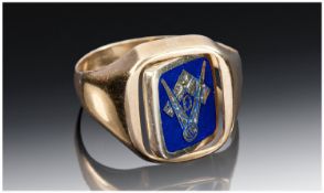 9ct Gold Masonic Ring, Enamelled Swivel Emblem, Hallmark Rubbed, Ring Size O½