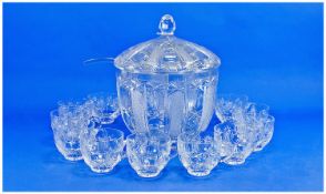 Cut Glass Punch Bowl Set, comprising large punch bowl and ten punch glasses, the punch bowl with