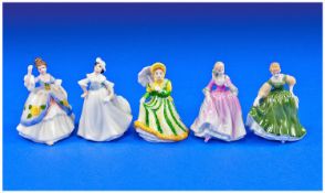 Royal Doulton Miniature Figures, 5 in total. 1 Elizabeth M202, 2. Nicola M245, 3. Fair Lady M242,