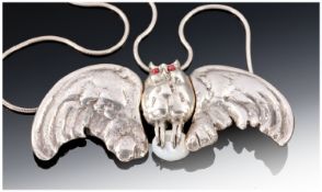 Silver Pendant And Chain, The Pendant Modelled In The Form Of A Large Owl Wings Open, Holding A