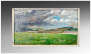 John Bowles (20th Century) `Sussex Storm` oil on board. 18x33`` signed & dated 87. Works in Salford