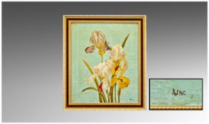 1890`s Aesthetic Movement, Still Life Of Irises, 13.25x11.25``. Oil on canvas, signed with initials