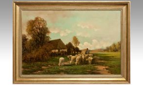 I Wouters Droves with Sheep in a field near a farm, oil on board. Signed. 15 by 23 inches in gilt