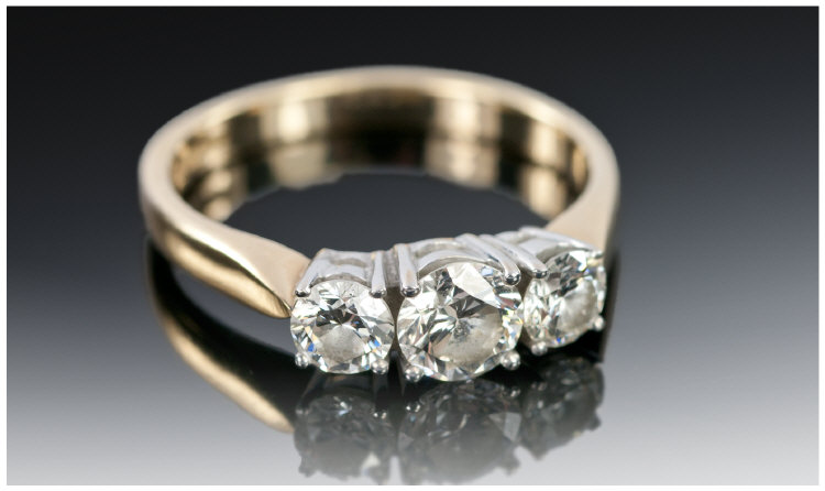 18ct Gold 3 Stone Diamond Ring, brilliant cut diamonds. This colour and clarity very good. Cost £