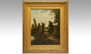 Early 19th Century oil on panel, Primitive School Rural Landscape. 13 by 18 inches.