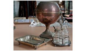Large Copper Samovar On Brass Stand. Incomplete as no lid or tap. Also EPNS tray and an EPNS four