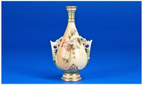 Royal Worcester Handpainted Miniature Blush Ivory Two Handled Vase. Circa 1897. 4.5`` in height.