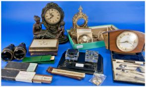 Box of Collectables, including a 1970`s mantle clock, small box of flatware, boxed rulers, clock