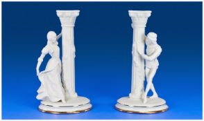 Franklin Mint Fine Porcelain, Pair Of Romeo & Juliet Bisque Figural Candlesticks. Mint condition.