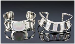 Two Silver Bangles, Each Set With Mother Of Pearl Coloured Stones. Marked 925, Looks To Be New Old