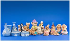 Collection of Pendelfin Figures, a small collection of blue Wedgwood Jasperware and a bisque