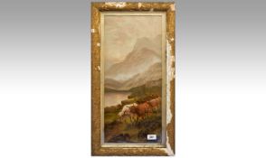 Framed Print `Highland Cattle` in a mountainous landscape, after H.R.Hall; gesso Art Nouveau frame