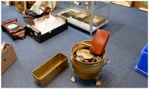 Collection of Brassware, including brass bucket, poker, plated hot water jugs, kettle and stand,