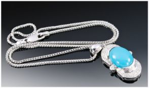 Ladies 14ct White Gold Diamond and Turquoise Pendant, Supported on a 9ct White Gold Box Chain. Fully