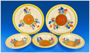 Clarice Cliff Pair of Sandwich Plates with matching three dessert bowls. `Autumn Crocus` design.