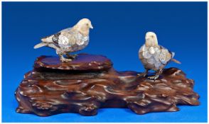 Pair Of Japanese Ivory Inlaid Shibayama Birds, Raised On A Naturalistic Mahogany Base, Ivory Heads