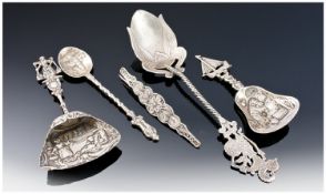 Collection Of Four Souvenir Spoons, One Marked 800. + A Silver Coloured Brooch.