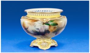 Royal Worcester James Hadley Handpainted Footed Bowl. `Roses` still life. Date 1905. 4`` in