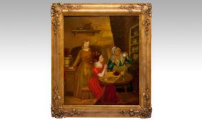Early 19th Century ``Reading The Tea Leaves``, Three ladies in a kitchen around table and one