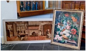 Large Framed Wall Hanging Rug, depicting a late 19th century living room scene, fitted in a white