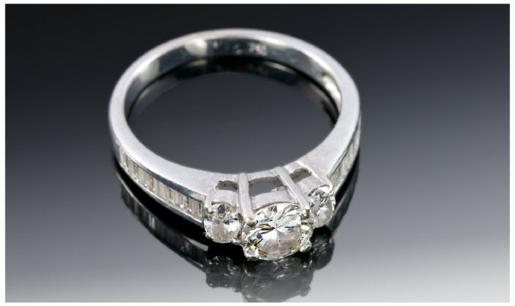 18ct White Gold Diamond Ring, Central Round Modern Brilliant Cut Diamond, Approx .60ct Set Between