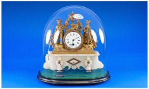 French 19th Century Ormolu and Alabaster Figural Mantel Clock, Under a Glass Dome, with 8 Day