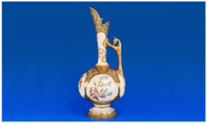Royal Worcester Eastern Style Ewer with handpainted floral panels on an ivory ground and gold