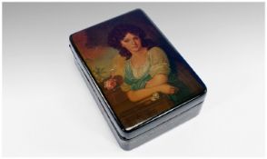 Russian Black Lacquer Trinket Box decorated to the lid with a romantic portrait of a young woman