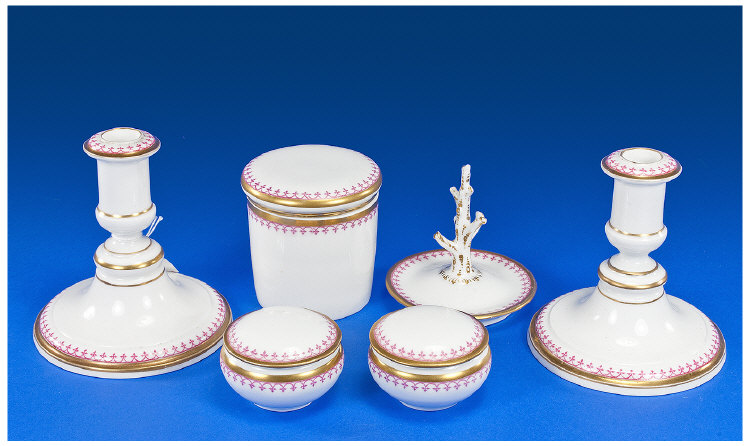 Grainger & Co Worcester Ladies Six Piece Vanity Set pink & gold colour on white ground. Circa 1880`