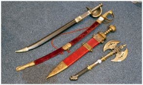 Collection Of Three Display Swords Together With A Fantasy Axe, All Display Purposes Only.