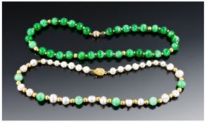 Modern Fresh Water And Jade Necklace Together With A Green Jade Necklace.