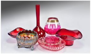 Small Collection of 20th Century Cranberry Glass, comprising shaft and globe vase, four various
