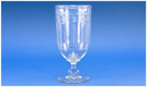 Large Etched Glass Celery Vase, the bowl decorated with spaced vertical lines below a horizontal
