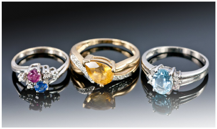 Three 9ct Gold Diamond & Gem Set Dress Rings, All Hallmarked.