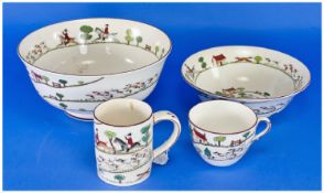 Staffordshire Fine Bone China Bowls and Cups, 4 piece `Hunting Scene` pattern, in vivid colours.
