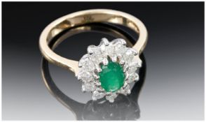 18ct Gold Diamond And Emerald Ring, Central Emerald Surrounded By Round Modern Brilliant Cut
