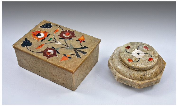 Two Pietra Dura Boxes, one octagonal shape, the other rectangular, both in pale green marble with