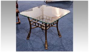 Contemporary Glass Topped Metal Framed Square Coffee Table, measuring 22 inches high and 26 wide.