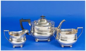 Edwardian Silver 3 Piece Tea Service Of Good Quality with ribbed body, raised on ball feet. Hallmark