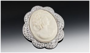 Charles Horner Silver Cameo Brooch, Set With Marcasites, Fully Hallmarked For Chester 1949.