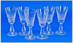 Set of Six Waterford Funnel Shaped Glasses, with diamond cut decoration to bowls, raised on