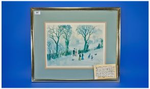 Helen Bradley Signed Print `Going Home Through The Snow`, depicting an early 20th century rural