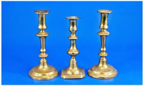 Pair of Early 19th Century Brass Candlesticks, knopped stems, circular bases, retaining original