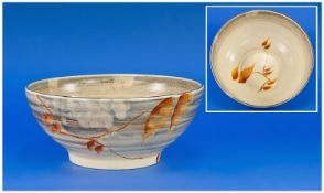 Clarice Cliff Handpainted Bowl `Leaves` beechwood pattern. Circa 1935. Hardened mushroom glaze.